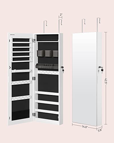Image of SONGMICS Jewelry Cabinet Armoire, Lockable Wall-Mounted Organizer Unit with 2 Plastic Cosmetic Storage Trays, Full-Length Frameless Mirror, White UJJC001W01