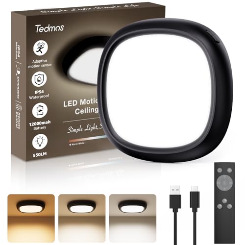 Luminaire Plafonnier Sans Fil Rechargeable USB, 550LM 12000mAh IP54 Etanche Plafonnier LED Detecteur de Mouvement a Pile, Lampe Plafond Batterie Télécommande...