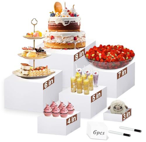 6 Pcs White Buffet Risers, Acrylic Display Stands for Party Catering, Dessert, Cupcake, Jewelry, Collectibles, Nesting & Stackable Food Display Risers with Hollow Bottoms (8