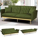 ACMEASE 70” Velvet Futon Sofa Bed w/Adjustable Armrests & 2 Pillows, Convertible Futon Couch w/Adjustable Backrests, Modern Sleeper Bed for Living Room, Bedroom, Olive Green