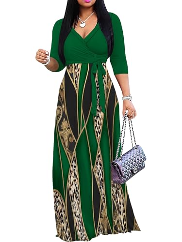 SUZONANA Plus Size Maxi Dresses for Women 3/4 Sleeve Wrap Church Boho Spring Wedding Guest Brunch Emerald Green Leopard