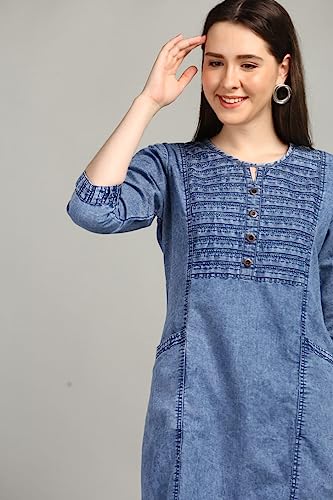 Image of Denim Kurtis for Women with Two Side Pockets Fashionable Women's Clothing