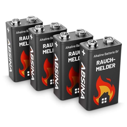 ABSINA 9V Blockbatterie Rauchmelder Alkaline 4er Pack - 9V Batterie langlebig & auslaufsicher - 9 Volt Blockbatterie für Feuermelder Bewegungsmelder & Rauchwarnmelder