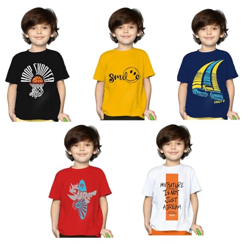 Image of Yazh Texworld Boys Round Neck Blended Cotton T-Shirts | Regular Fit | Half Sleeve | Casual Wear | Trendy | Combo Pack of 5 | Multicolor | Soft, Durable, and Stylish for Everyday use