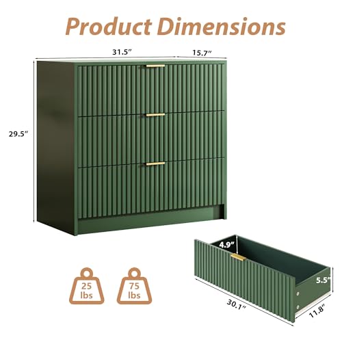 Image of MAISONARIA Green Fluted Dresser for Bedroom, 32 Inch Wide Nightstand with Large Drawer, 3 Drawer End Table for Bedroom, Living Rooms, Offices, and Entryways