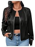 SOLY HUX Women's Plus Size PU Leather Jacket Zip Up Crew Neck Long Sleeve Bomber Jacket Outerwear Pure Black X-Large Plus