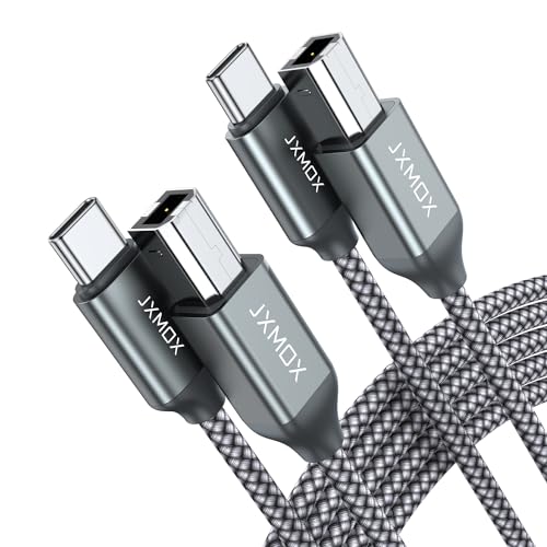 JXMOX USB B to USB C Printer Cable (6.6ft 2-Pack) Nylon Braided USB B to C Cord USB C MIDI Cable Compatible with MacBook Pro HP Epson Canon Brother Yamaha Piano Keyboard DAC DJ Controller