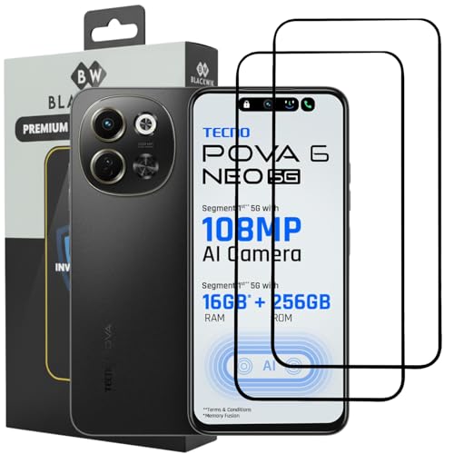 Image of Blackwik Tempered Glass Screen Protector for Tecno Pova Neo 6 with Edge-To-Edge Protector Coverage | Easy Installation Kit (Black) (Pack Of 2)