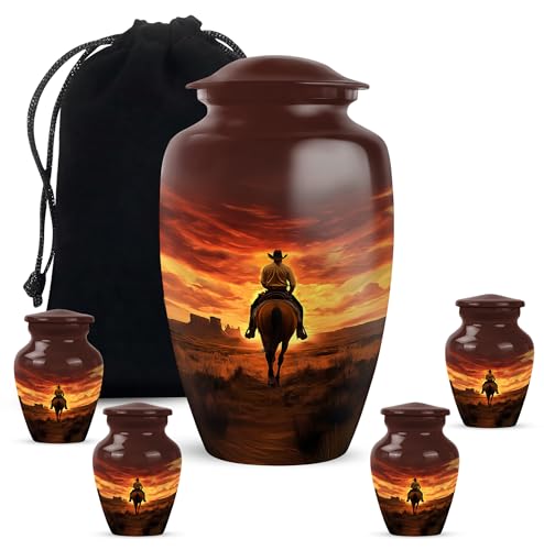 Image of Cowboy Urn - Large & Small Urns for Human Ashes Adult Male - Urn for Ashes for Women - Mini Urns for Human Ashes (Combo - 10 inch & 3 inch, 5 Pcs)