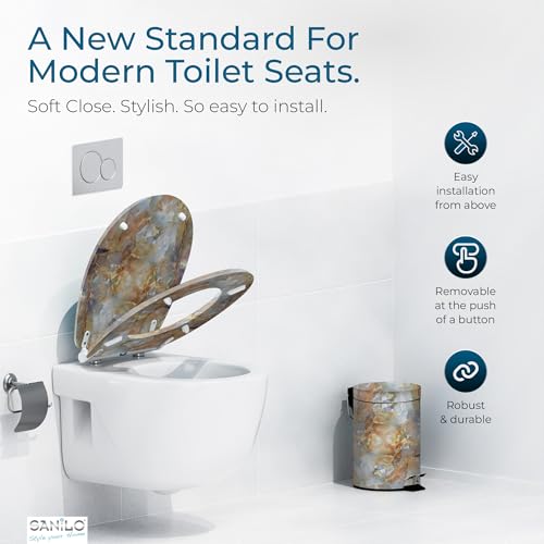 Image of Sanilo Wooden Toilet Seat with Quick Release & Soft Close [ROUND] - Decorative & Slow Close Molded Wood Seat - With One Click for Easy Installation & Cleaning - With Adjustable Fit (Marble Brown)