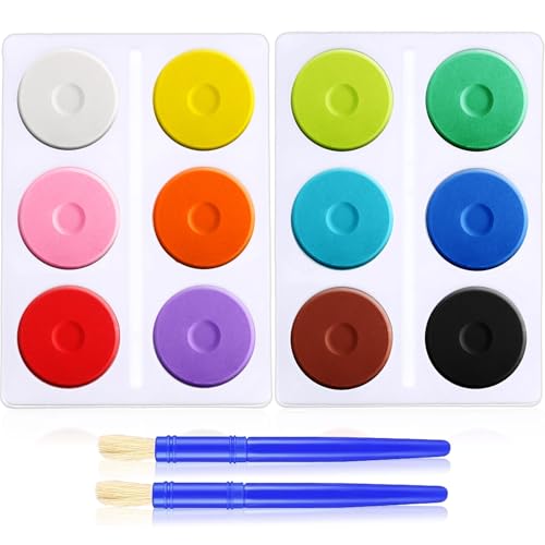 Nuanchu 1 set 12 Pcs Tempera Paint Cakes with Tray 12 Colors 2.24 x 0.71 Inch Painting Cakes with Paintbrush Paints Blocks Art Supplies for Art sessions Drawing Artists Beginners