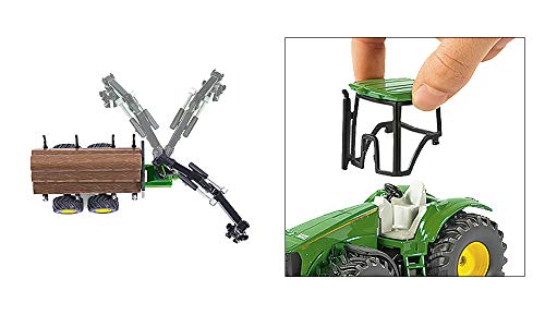 siku 1954, John Deere Traktor mit Forstanhänger, 1:50, Metall/Kunststoff, Grün, Funktionsfähiger Ladearm und Greifer – Bild 4