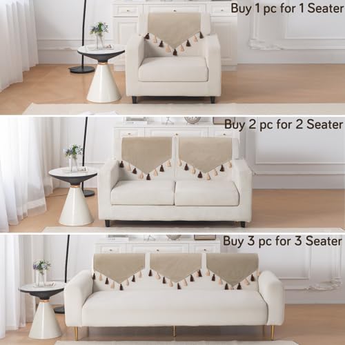 Image of HOKIPO Premium Holland Velvet Sofa Backrest Cover with Tassels - 'TasselTone Series', Sand Beige (IN-1103-BGE)