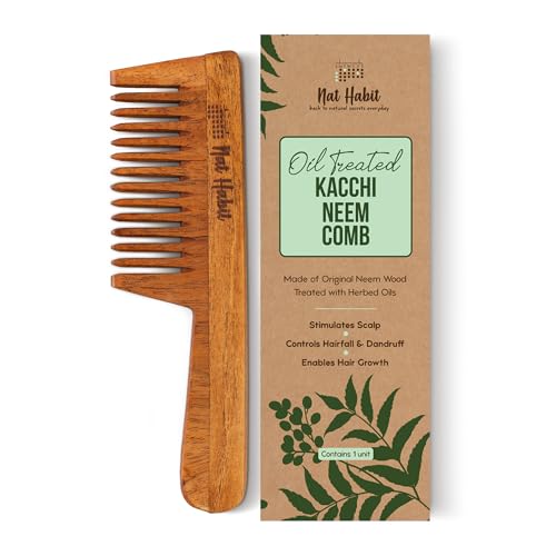 Nat Habit Kacchi Neem Wooden Comb, Soaked In 17 Herbs, Neem & Sesame Oil For Multi-Actions - Detangling, Frizz Control & Shine Suited For All Hair Types (Wide Tooth)