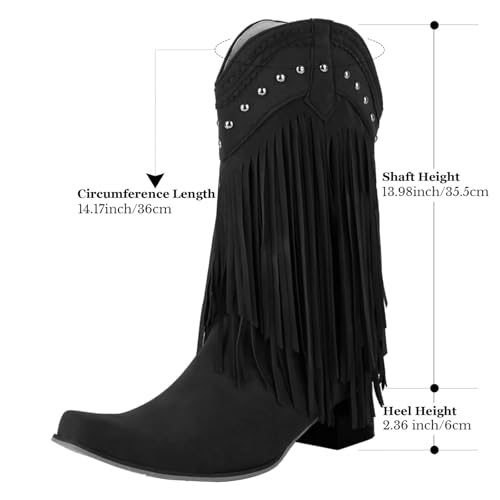 Image of KiutSymo Mid Calf Fringe Boots For Women Cowboy Pointed Toe Chunky Heels Cowgirl Western Tassel Boots
