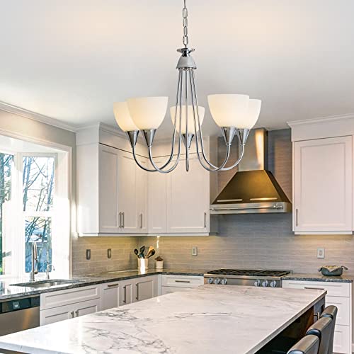 Modern 5-Light Chrome Chandelier With Frosted Glass Shade, Contemporary Hanging Light Fixtures For Kitchen Living Room Dining Room Bedroom Foyer, E26 Base #TOP6