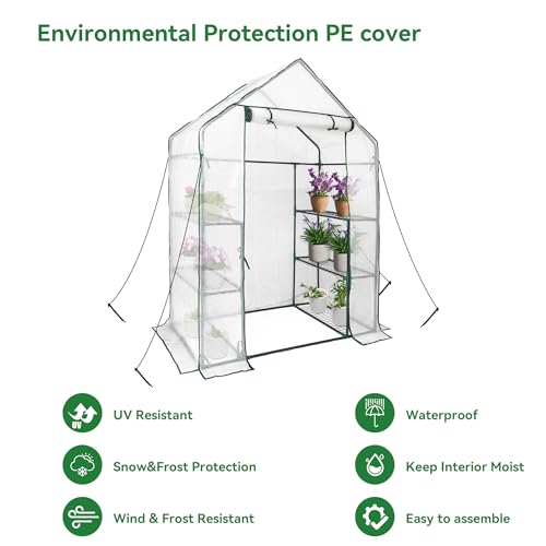 Heyfurni Walk in Greenhouse with 3 Tier 6 Shelves,2 More Bottom Shelves Reinforced Plant House, Growhouse/Green House for Outdoor,PE Cover 143x73x195cm - Image 8