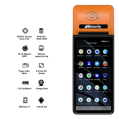 Image of Alacrity Handheld Mobile POS PDA Terminal, 1D 2D Scan Module, 58mm Receipt Printer, Android 12, 5.9 inch Touch Screen Supports 4G WiFi Bluetooth, Perfect to Manage Queues, Online, Mobile & Takeaway Orders
