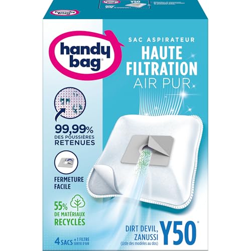 Handy Bag - Sacs aspirateur Y50 x4sacs - Compatibles Dirt Devil, Zanussi, Tornado, Beko - 99,99% des poussières retenues - Fermeture facile - Filtre anti-allergène - 55% de matériaux recyclés