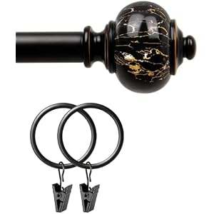 KAMANINA Bundle of 32-144" Black Single Curtain Rod with Marble Ends and Black Curtain Rings with Clips 20 Pack, with Interior Diameter 1.5 In