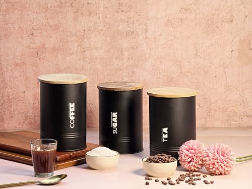 Image of JISCOVERY Airtight Tea, Coffee & Sugar Container Set of 3| Metal Storage Canister with Wooden Lid for Kitchen| Storage Box for Kitchen Counter Top| 1300 ML| Black