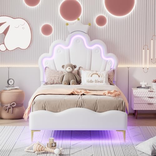 Lit Enfant 90x200cm avec Éclairage LED, Lit Princesse Design Couronne et en Similicuir PU Blanc, Cadre de Lit Rembourré avec Sommier à Lattes, Tête de Lit Réglable,...