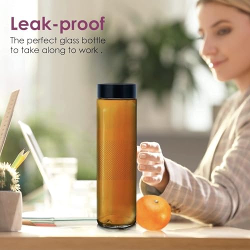 Image of Glass Bottles Wide Mouth Glass Water Bottle with Leak-Proof Airtight black plastic Lid for Water, With Black plastic long Cap - 750ml (pake of 1)
