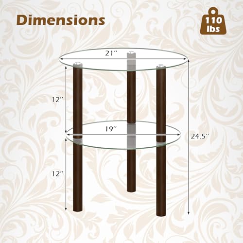 Image of GIANTEX Round End Table, 2-Tier Sofa Side Table with Clear Tempered Glass Top & Shelf, Small Accent Table with Solid Rubber Wood Legs for Living Room Bedroom Home Office (Brown & Clear)