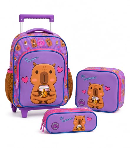 Kit Mochila De Carrinho 3D Capivara Alto Relevo Grande Escolar - Yepp (Lilas)