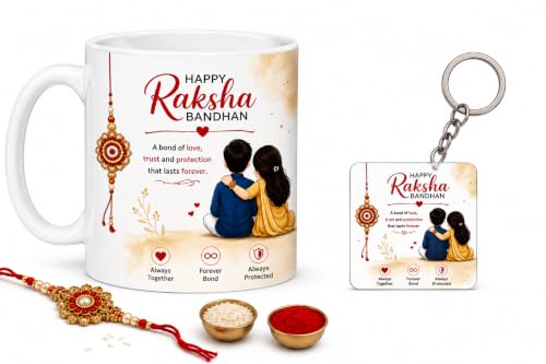 Image of Raksha Bandhan Mug Combo for Brother & Sister | Ceramic Coffee Mug with Square Keychain, Rakhi, Roli & Chawal | Bhai Behan Printed Mug Set