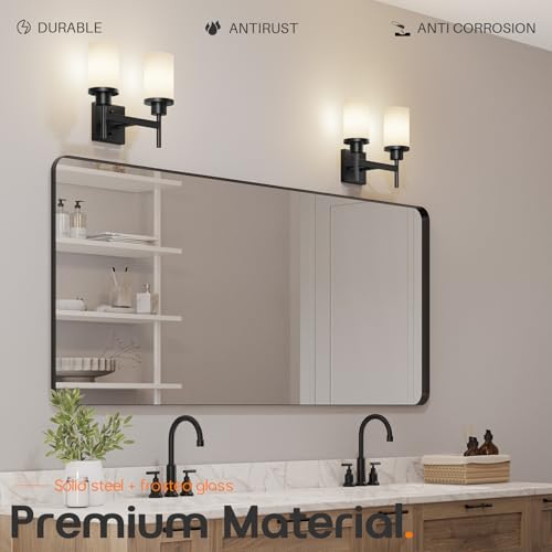 Image of Wall Light Fixtures Matte Black Bathroom Vanity Lights Over Mirror with White Frosted Glass, Double Wall Lamps for Hallway Washroom Porch T001MB-L2