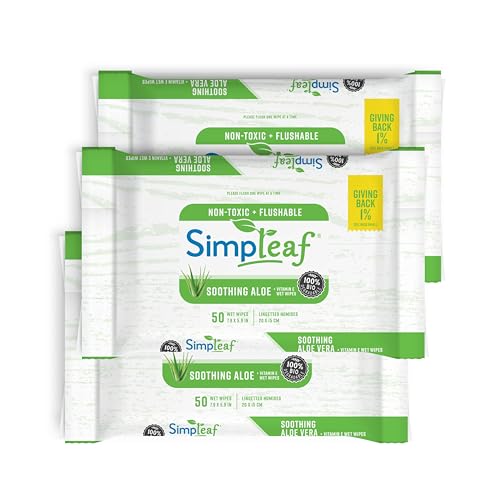 Simpleaf Flushable Wet Wipes Aloe Vera | Plastic Free, Paraben & Alcohol Free | Hypoallergenic & Safe for Sensitive Skin | Soothing Aloe Formula | Adult Toilet Wipes (3 x 50 Counts Pack) 150 Counts