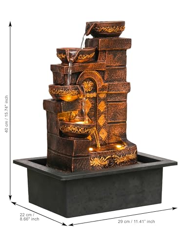 Image of CHRONIKLE Polyresin Designer Table Top Indoor Home Decor 4 Steps Waterfall Fountain with Yellow LED Lights & Water Flow Controller Pump (Size: 40 x 29.5 x 22CM | Weight: 2185grm | Color: Golden Brown)