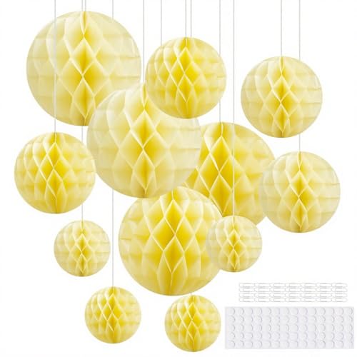 Hexizexi 12 Boules en Papier nid d'abeille 15cm 20cm 25cm Boules Alvéolées Jaune adaptées aux anniversaires, mariages, fêtes de fin d'études, décorations...