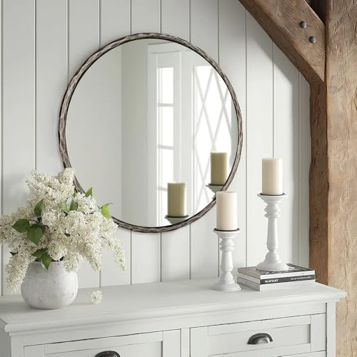 Image of ANDY STAR 30 Inch Bathroom Hammered Round Mirrors, Silver Hand-Forged Circle Wall Mirrors with Metal Frame, Antique Round Mirror for Wall, Livingroom, Entryways, Solid Steel, Anti-Rust