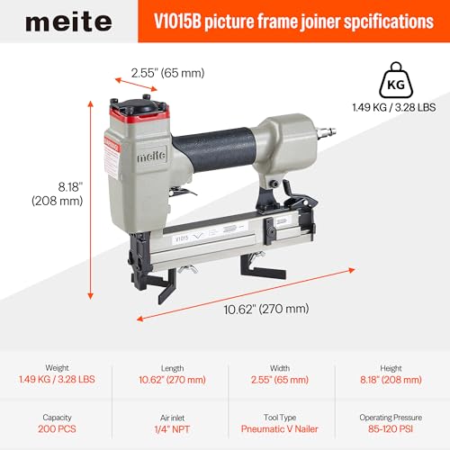 meite V1015B Air V Nailer for Picture Frame, Pneumatic Frame Joiner for Picture Framing, Uses 7mm-15 mm Length V Nails