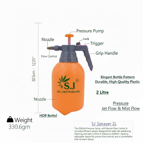 Image of SJ Organics 2L Spray Pump for Plants | Garden Sprayer with Adjustable Brass Nozzle | Plastic Water Spray Bottle for Gardening, Car & Bike Wash | Leak-Proof Plant Watering pump, Easy-Fill Water Sprayer