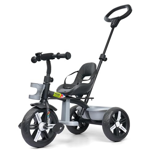 Image of Luusa Elite 500 Kids Tricycle with Parent Push Handle & Safety Seat Belt - Premium 3 Wheel Toddler Cycle with Storage Basket & Comfortable Backrest for 1-4 Years Boys & Girls (Black Silver
