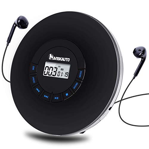 NAVISKAUTO Rechargeable Portable CD Player, Personal Disc CD Player with 18h Playing Time, LED Backlit Display, Supper Anti-Skip, 3.5mm AUX Cable, Upgraded Bigger Buttons