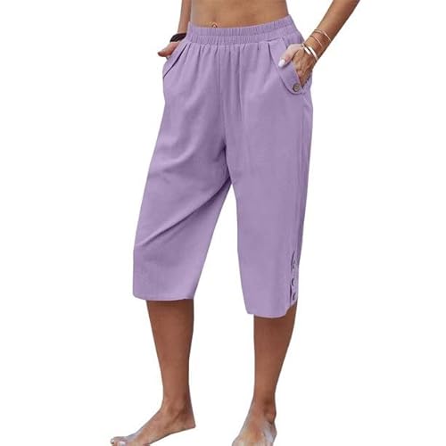 Women Casual Capri Pants Summer Lightweight Elastic Waist Wide Leg Loose Yoga Cropped Pants With Pockets Purple #TOP10