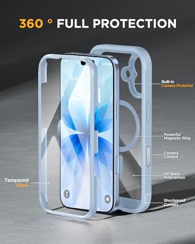 Image of Miracase for iPhone 17 Case 6.3'', Full-Body Military Grade Drop Protection Outdoor Phone case with Built-in Glass Screen &Camera Control,Easy Installation,No Gap,Compatible with MagSafe,Light Blue