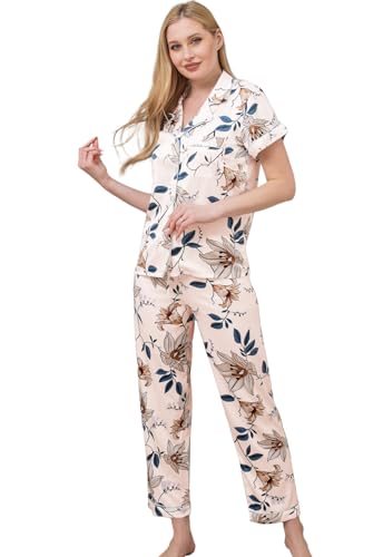 Image of WJing Yi Jia Womens Pajamas Set XS-4XL Floral Silk Satin Pajama Sets Silky Pj Sets 2Pcs Loungewear Sleepwear Button Down Pjs