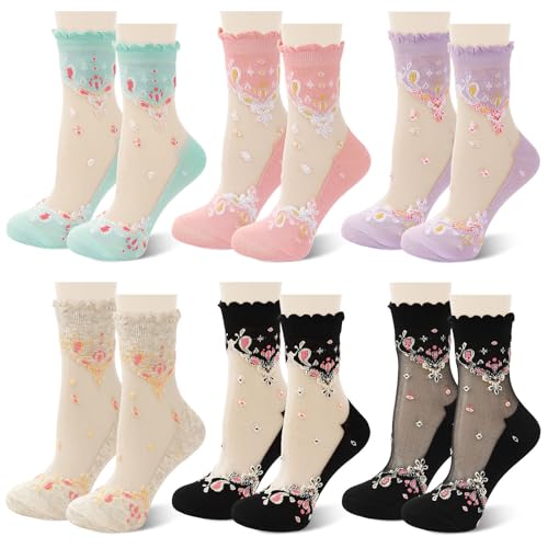 6 Pairs Women Summer Socks Mesh & Lace Ankle Socks - Transparent Floral & Fishnet Designs