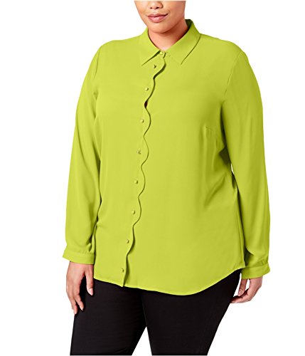 Ny Collection Women's Plus Size Solid Long Sleeve Button Down Scallop Placket Blouse, Limeade, 1X #TOP4