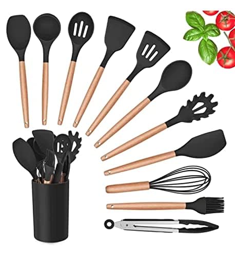 Klick n shop Silicone Kitchen Spatula and Utensils Spoon Set Cooking + Baking Set- 12 Pcs Non-Stick with Wooden Handle-BPA Free, Heat Resistant Item, Non Toxic Silicon Cookware Tools (Black 01) (B0DHPK6R9Z) Amazon Price History, Amazon Price Tracker