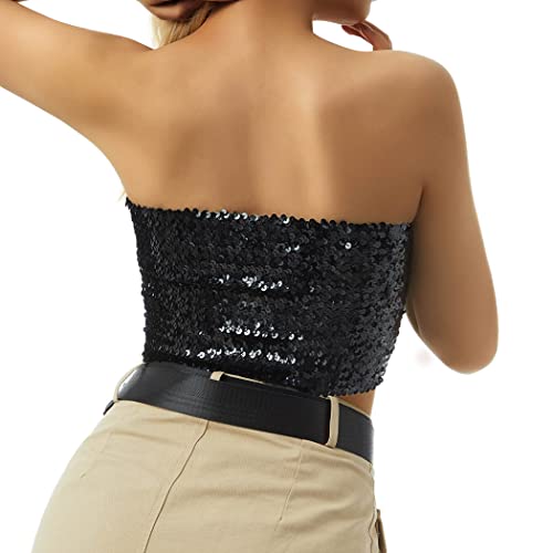 Kakaco Sequins Tube Top Stretch Bandeau Strapless Sequin Crop Top Party Club Wear Bra Top For Women And Girls (B-Black) #TOP4