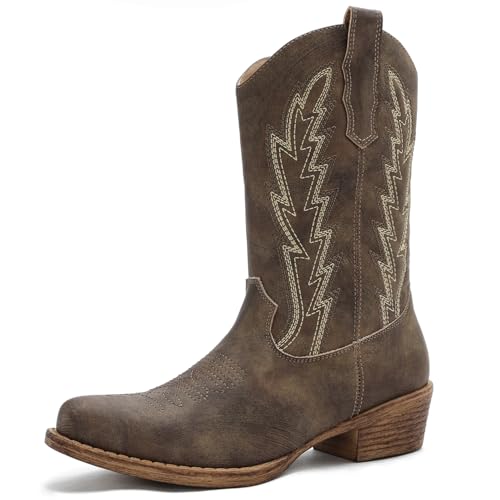 Image of GLOBALWIN Women's Mid Calf The Western Cowgirl Boots Fashion Cowboy Boots For Women Chunky Low Heel