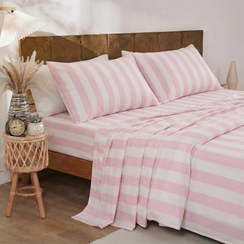 Image of Merryword 100% Cotton Sheet Set Full Size - Pink and White Stripes Bedding, Soft Breathable Percale Weave, Wide Stripe Deep Pocket Sheet 17.5 inch, Luxury Linen Like, 4-Piece All Season Bedding