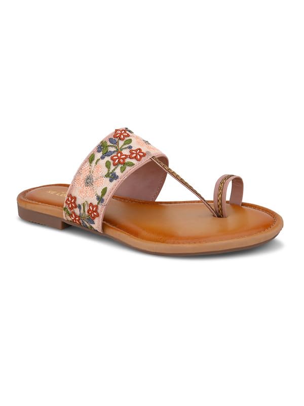 Image of XE Looks Women's Embroidered Toe-Ring Flats | Elegant Floral Strap Design with Cushioned Footbed | Stylish & Comfortable Ethnic Sandals for Girls & Women