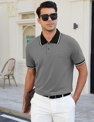LuxMania Men's Casual Short Sleeve Polo Shirts Classic Button Summer Collared Golf Top T-Shirt with Pocket Grey S — view 2
